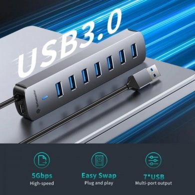 PH7U-U3-10-GY Yottamaster HUB 7 portas USB-A 5Gbps Cabo 1 metro