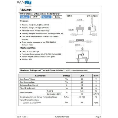 PJA3404 10x Mosfet PJA3404 N-Ch 30V 5.6A SOT-23-3