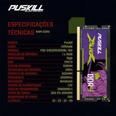 PSK-D4D22M3200BL-16G Puskill memória 16GB DDR4 3200MHz Killblade para notebook