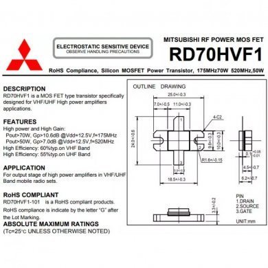 RD70HVF1 Mitsubishi Transistor de potencia de RF VHF e UHF