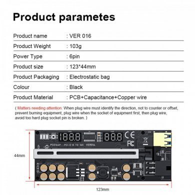 RISER-V016PRO Riser PCI-E VER.016 display de tensão e temperatura