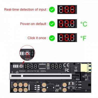 RISER-V016PRO Riser PCI-E VER.016 display de tensão e temperatura