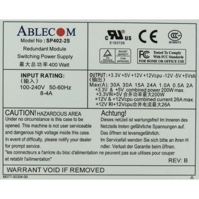 SP402-2S Ablecom Fonte para Servidor 400W 100-240V