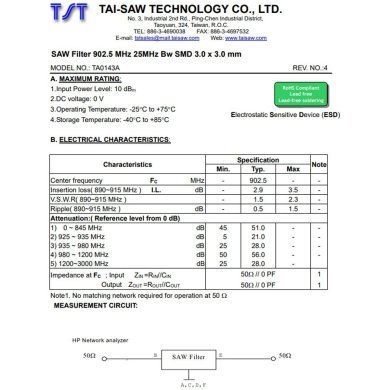 TA0143A 5x RF SAW Filter TE 7L 902.5Mhz 25Mhz BW 3.0x3.0x1.4mm