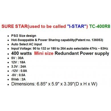 TC-400R8 Sure Star Fonte Redundante ATX 400W 20/24 Pin
