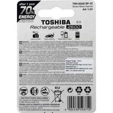 TNH-6GAE 4x unidades pilha recarregável AA 1.2V 2600mAh Toschiba