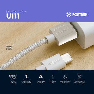 U111W Fortrek cabo carregamento USB-A para USB-C branco 1 metro