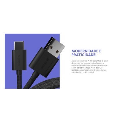 U112 Fortrek cabo carregamento USB-A para USB-C preto 2 metros