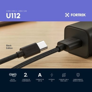 U112 Fortrek cabo carregamento USB-A para USB-C preto 2 metros