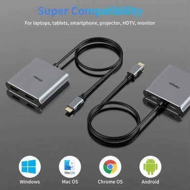 USBC-2XHDMI-4IN1 Hub USB-C para 2x HDMI 4K, USB 2.0 e PD 100W