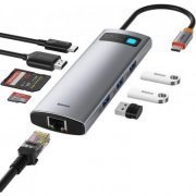 Baseus Docking Station 8 em 1 USB Tipo C HDMI 4K 60Hz, RJ45 Gigabit, 3x USB 3.0, Leitor Cartão SD/TF, 1x USB tipo C PD 100W